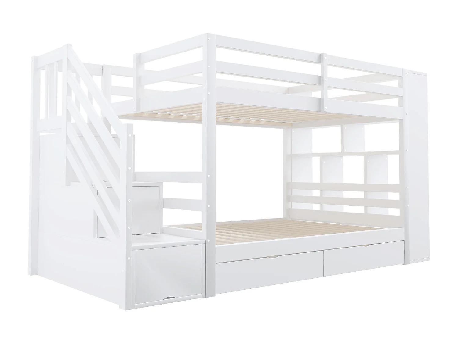 Lit superposé enfant 90 x 200 cm avec 2 tiroirs , escalier de rangement et étagères - Bois blanc (sans matelas)