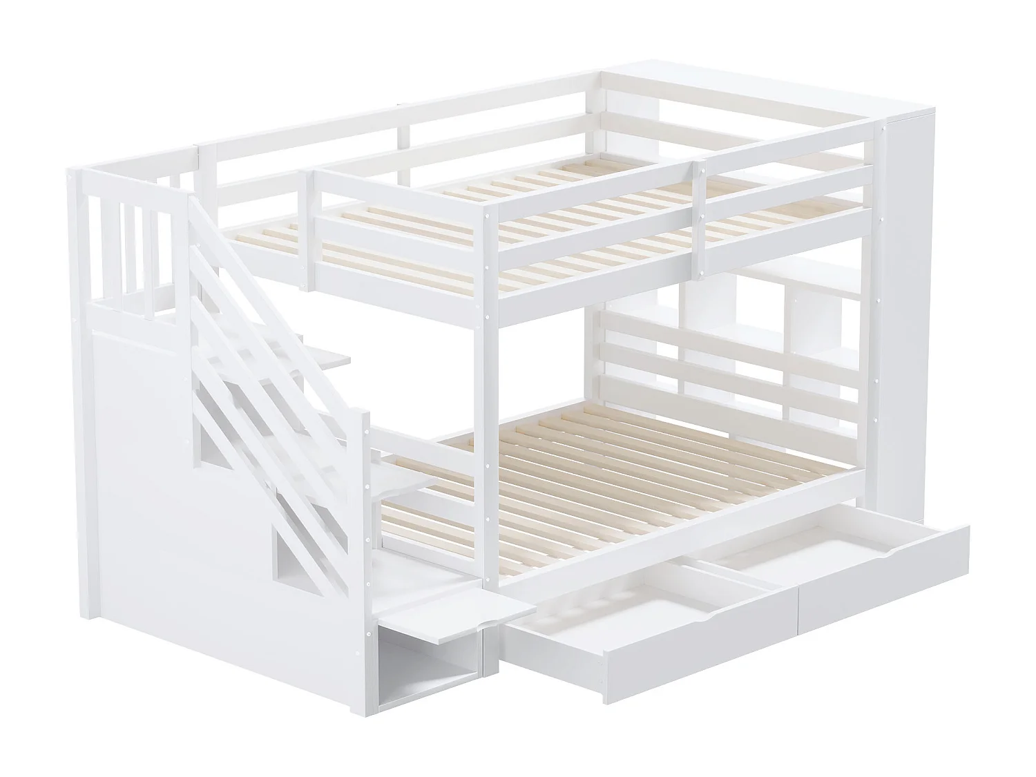 Lit superposé enfant 90 x 200 cm avec 2 tiroirs , escalier de rangement et étagères - Bois blanc (sans matelas)
