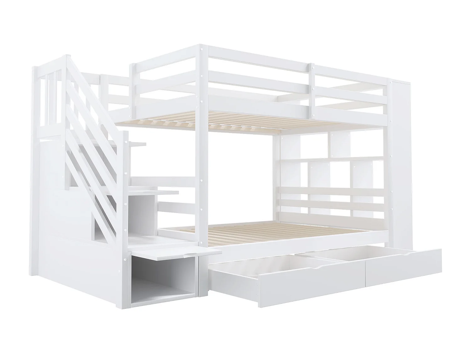 Lit superposé enfant 90 x 200 cm avec 2 tiroirs , escalier de rangement et étagères - Bois blanc (sans matelas)