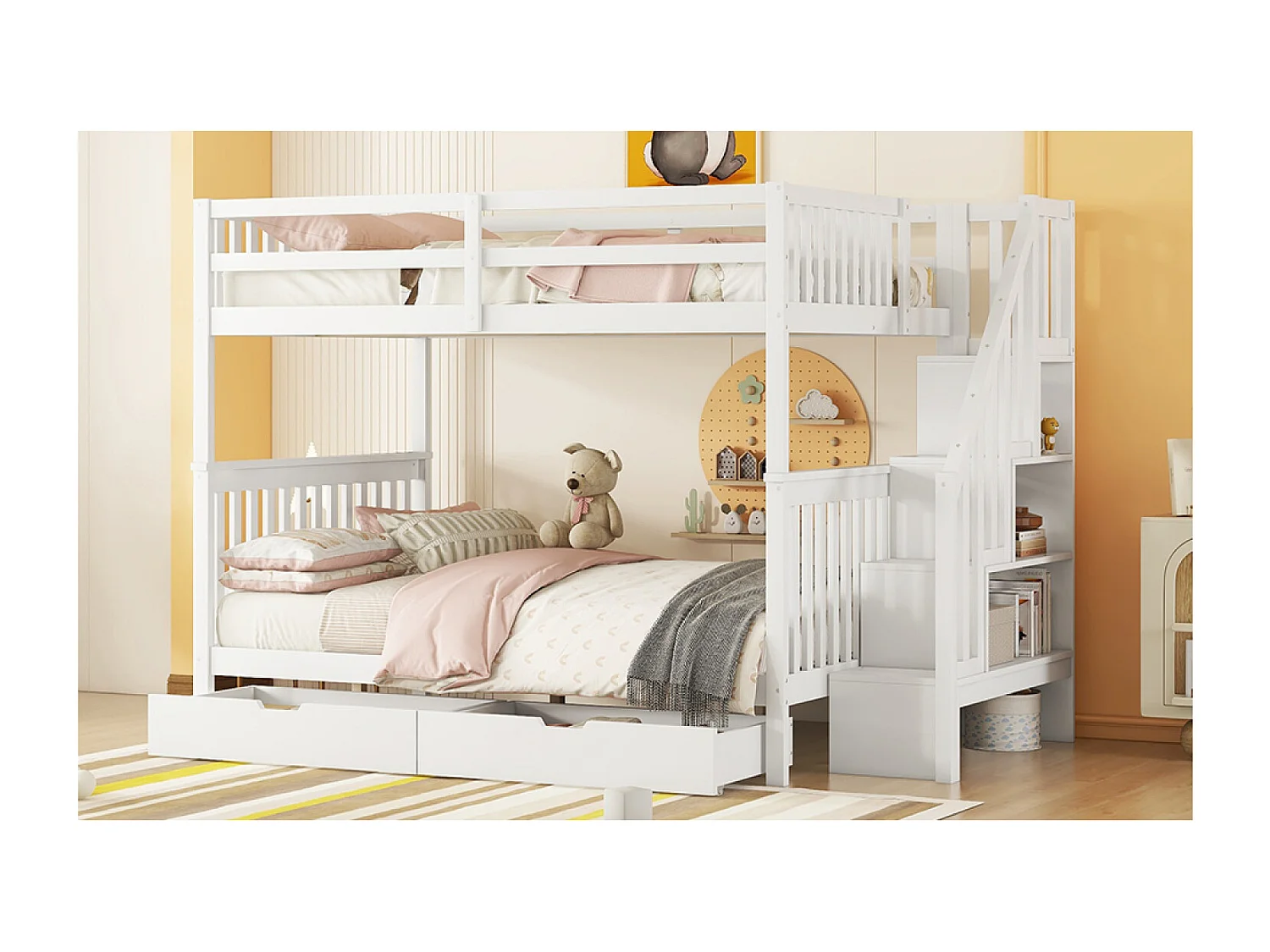 Lit superposé 140x200 cm avec 2 tiroirs et escalier de rangement - Bois pin et MDF - Blanc