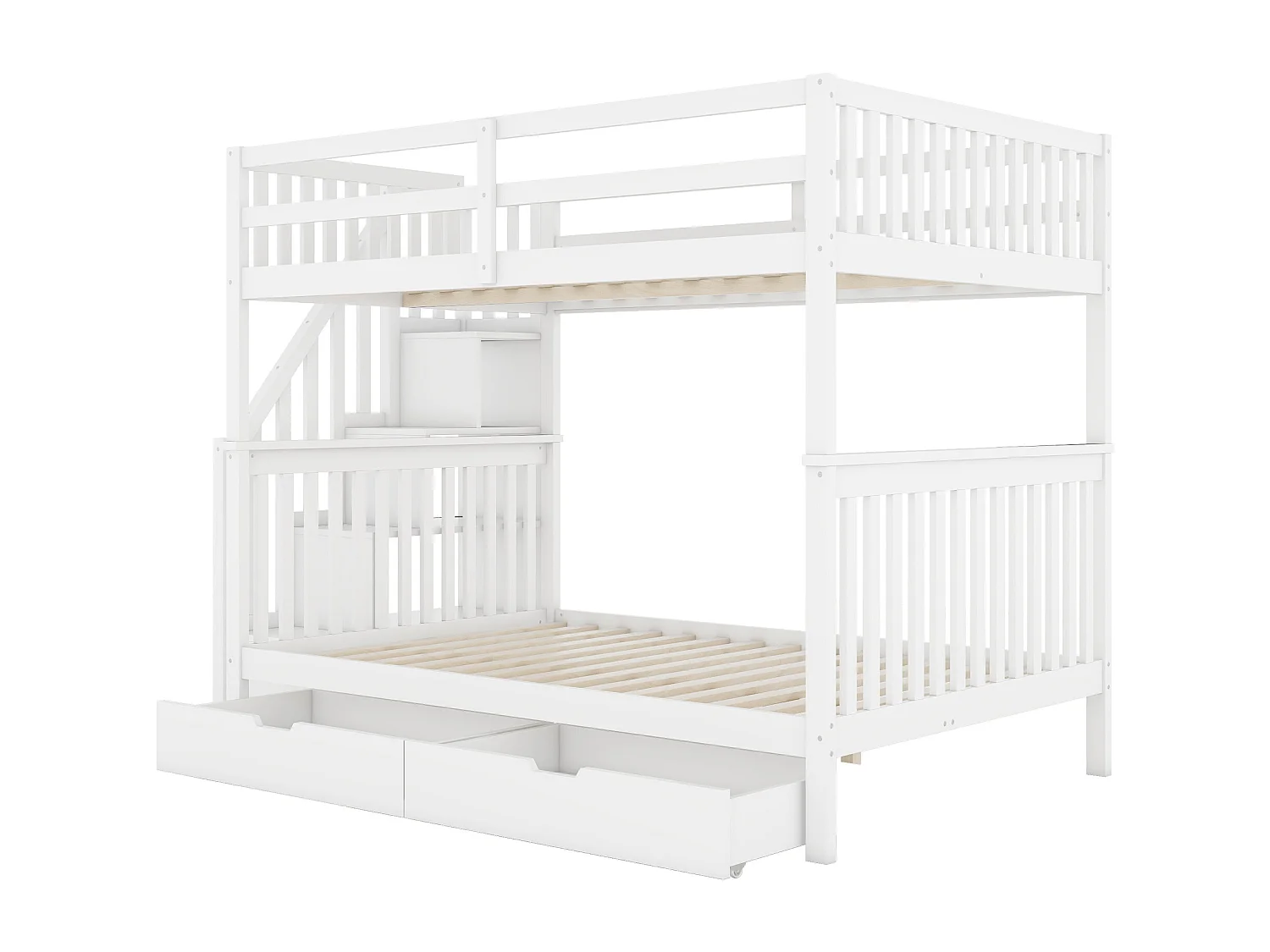 Lit superposé 140x200 cm avec 2 tiroirs et escalier de rangement - Bois pin et MDF - Blanc