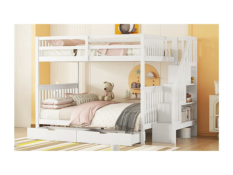 Lit superposé 140x200 cm avec 2 tiroirs et escalier de rangement - Bois pin et MDF - Blanc