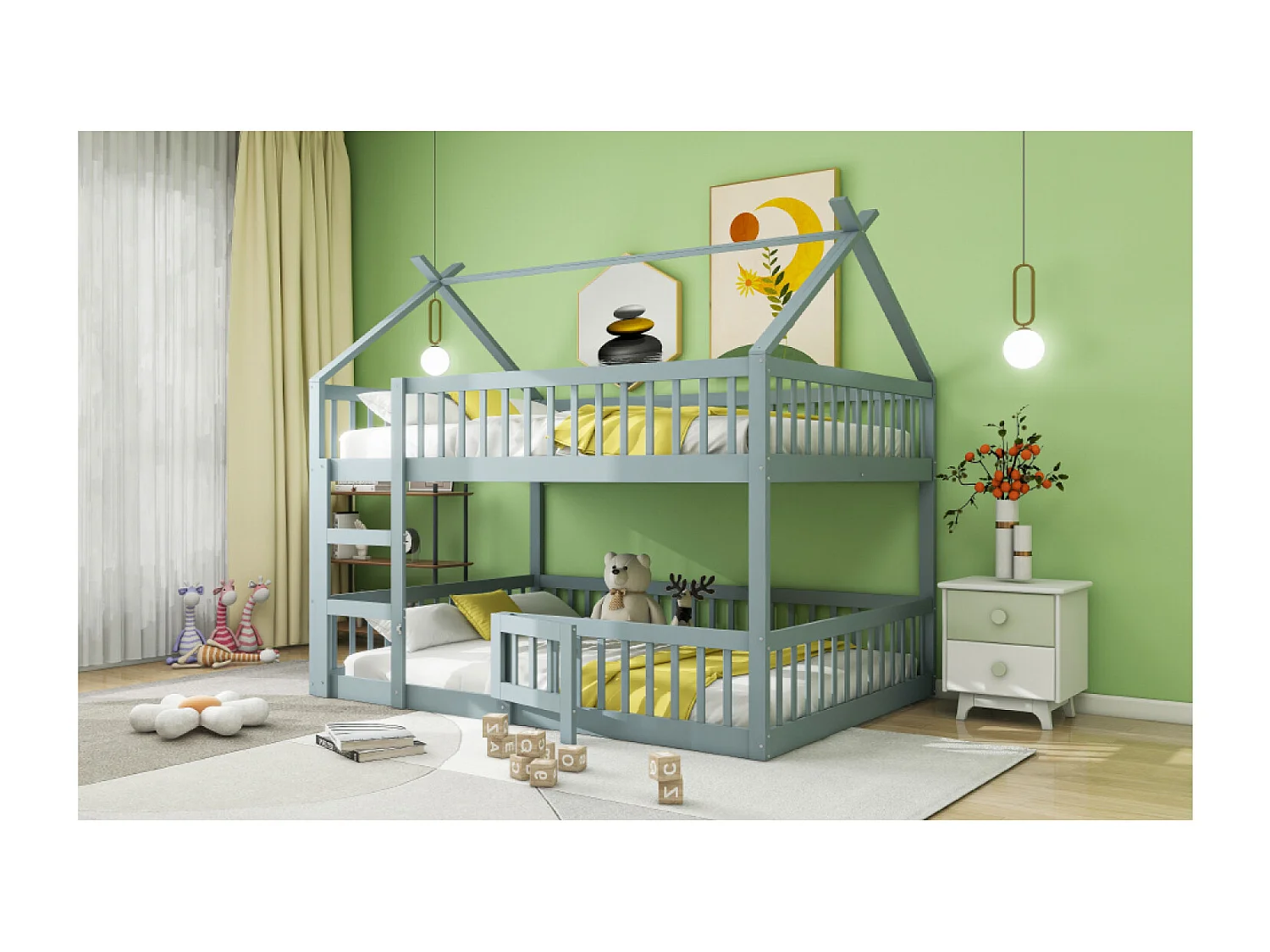 Lit superposé enfant 140x200 avec barrière de sécurité - Lit cabane en bois - Gris (sans matelas)