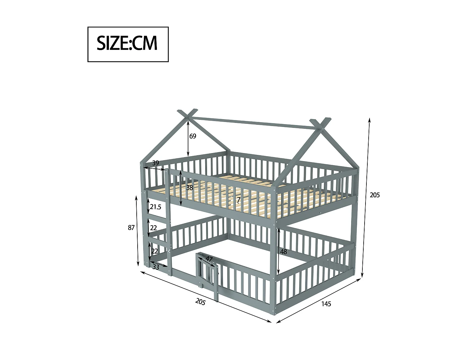 Lit superposé enfant 140x200 avec barrière de sécurité - Lit cabane en bois - Gris (sans matelas)