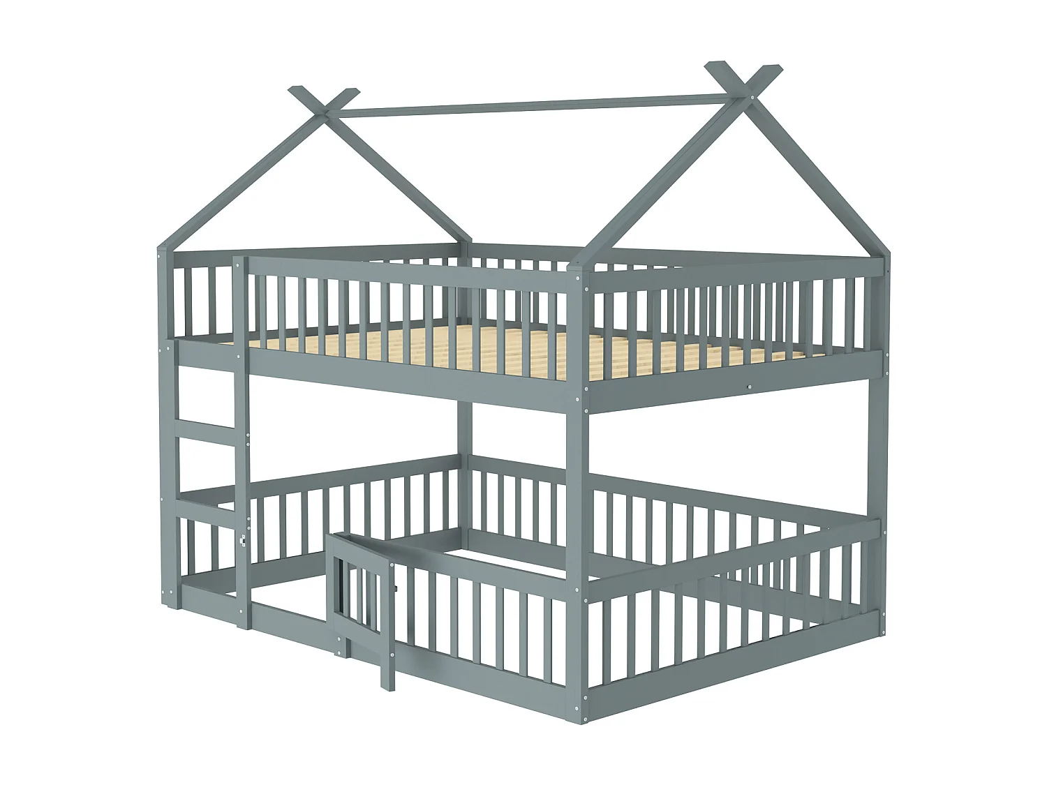 Lit superposé enfant 140x200 avec barrière de sécurité - Lit cabane en bois - Gris (sans matelas)
