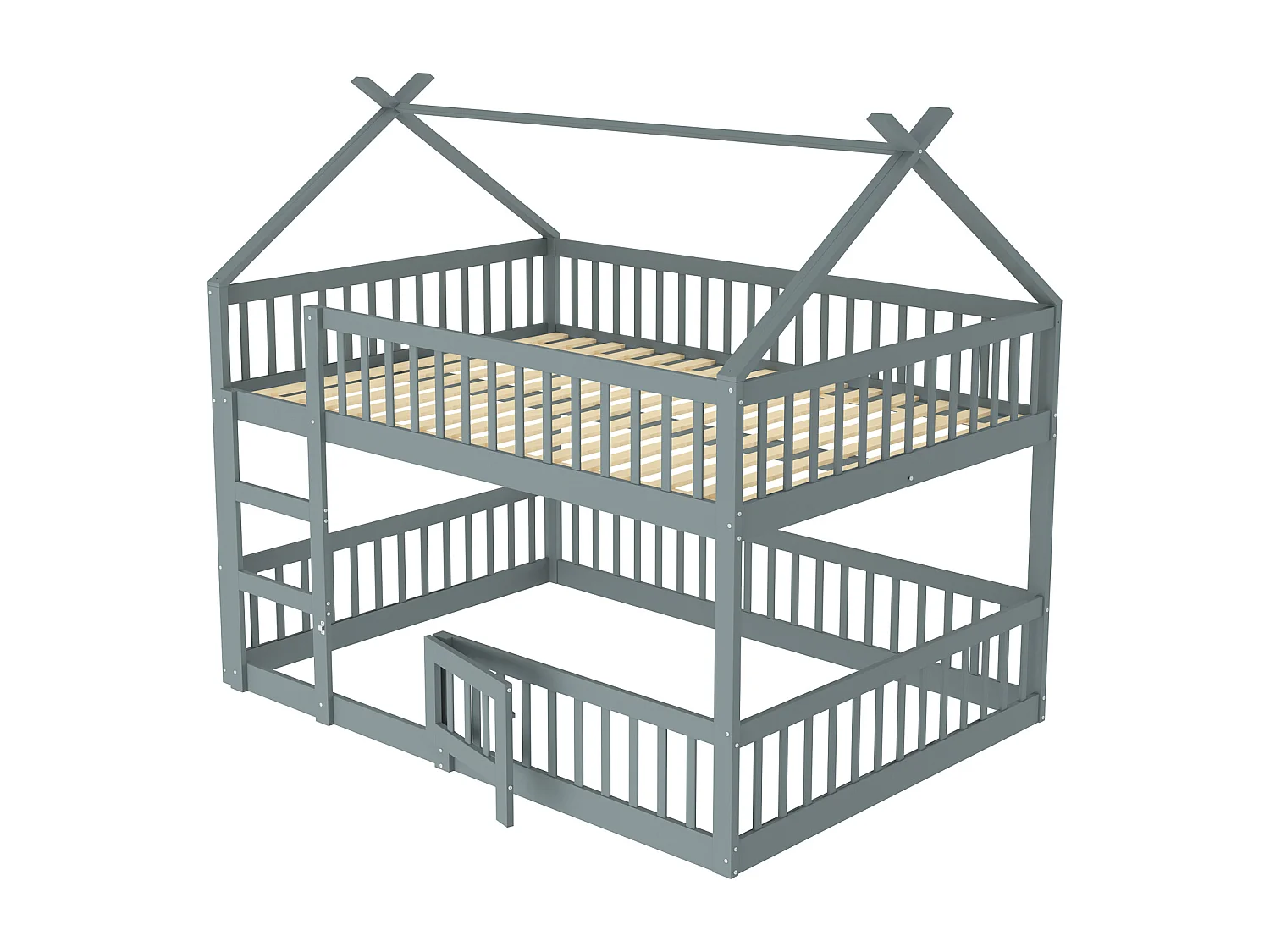 Lit superposé enfant 140x200 avec barrière de sécurité - Lit cabane en bois - Gris (sans matelas)