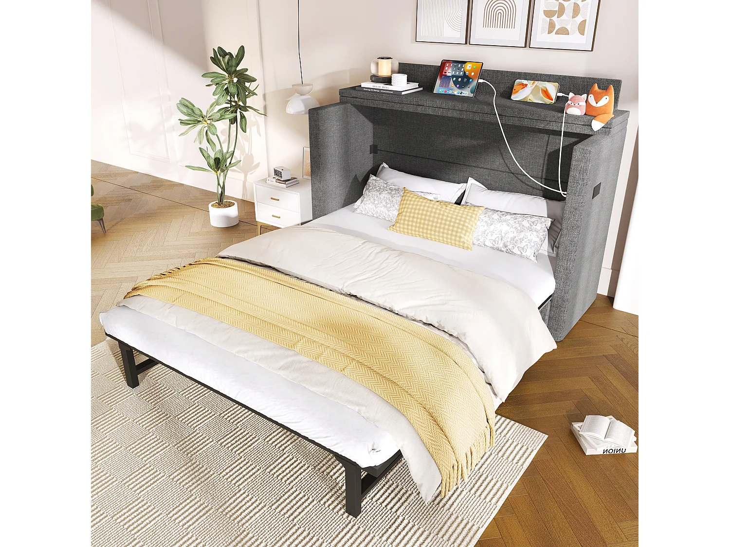 Letto a scomparsa 140x200 cm con 1 cassetto, USB e Type-C - Tessuto di lino grigio
