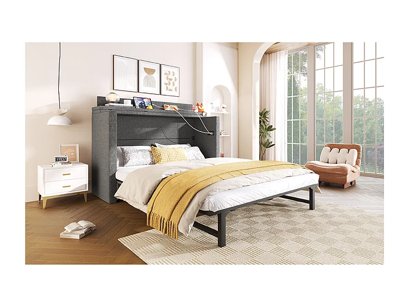 Letto a scomparsa 140x200 cm con 1 cassetto, USB e Type-C - Tessuto di lino grigio