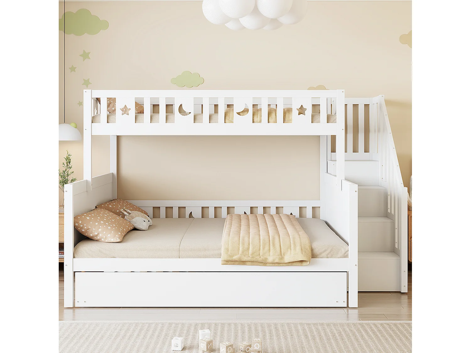 Lit superposé enfant 90x200 et 140x200cm avec lit gigogne 90x190cm et rangement - Motif d'étoile et de lune - Blanc