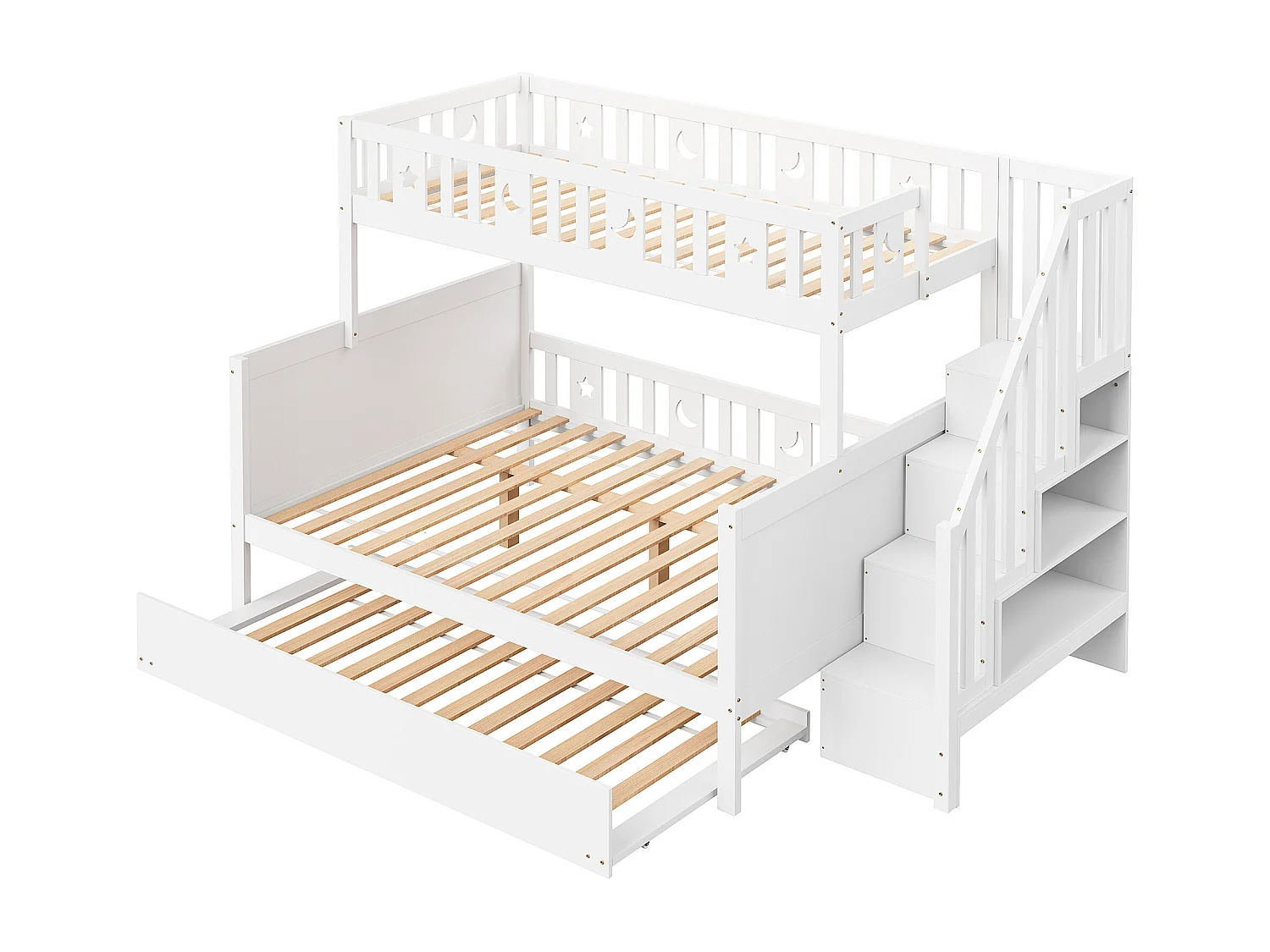 Lit superposé enfant 90x200 et 140x200cm avec lit gigogne 90x190cm et rangement - Motif d'étoile et de lune - Blanc