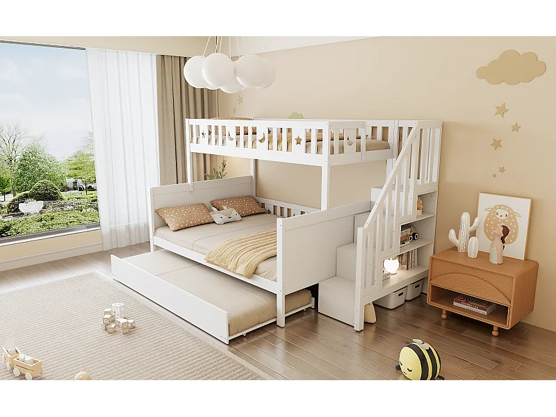 Lit superposé enfant 90x200 et 140x200cm avec lit gigogne 90x190cm et rangement - Motif d'étoile et de lune - Blanc