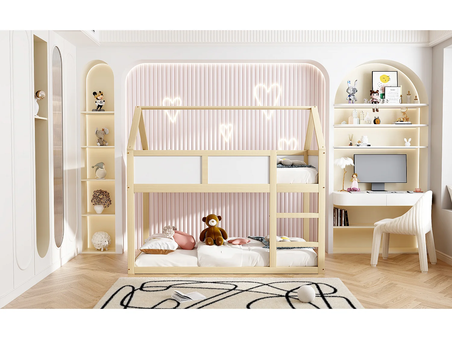 Lit superposé enfant 90 x 200 cm - Lit cabane avec escalier - Cadre en bois - Couleur bois et blanc