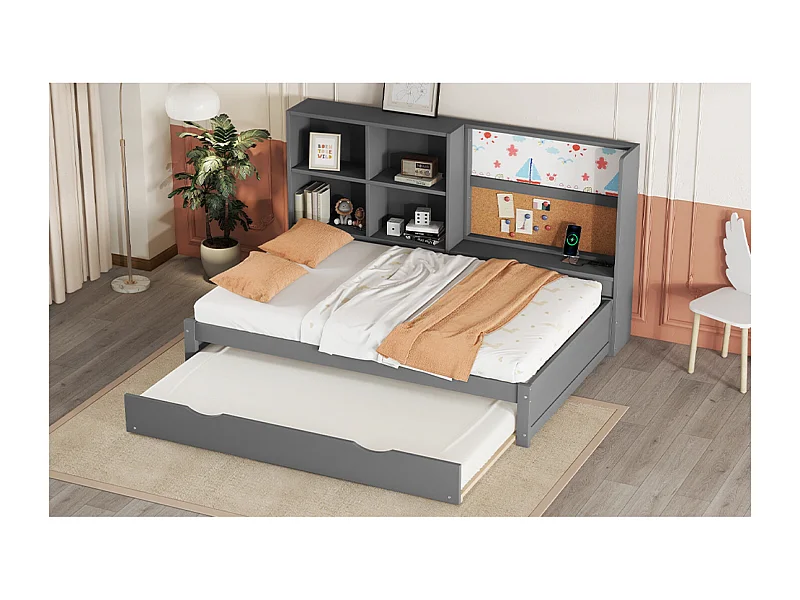 Daybed 90 x 200 cm met uitschuifbaar bed - USB, tekentablet en opbergruimte - Grijs hout