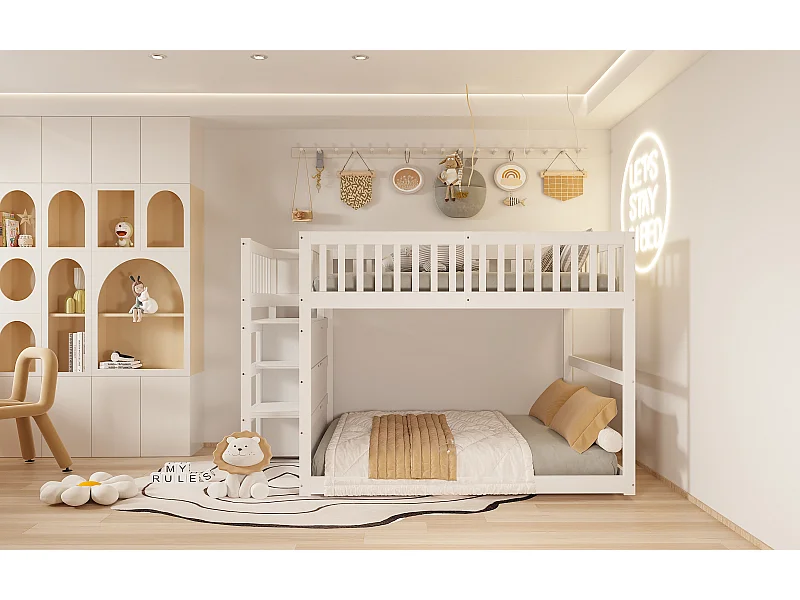 Lit superposé enfant 140 x 200 cm avec 4 tiroirs et barrière de sécurité haute - Cadre en bois- Blanc