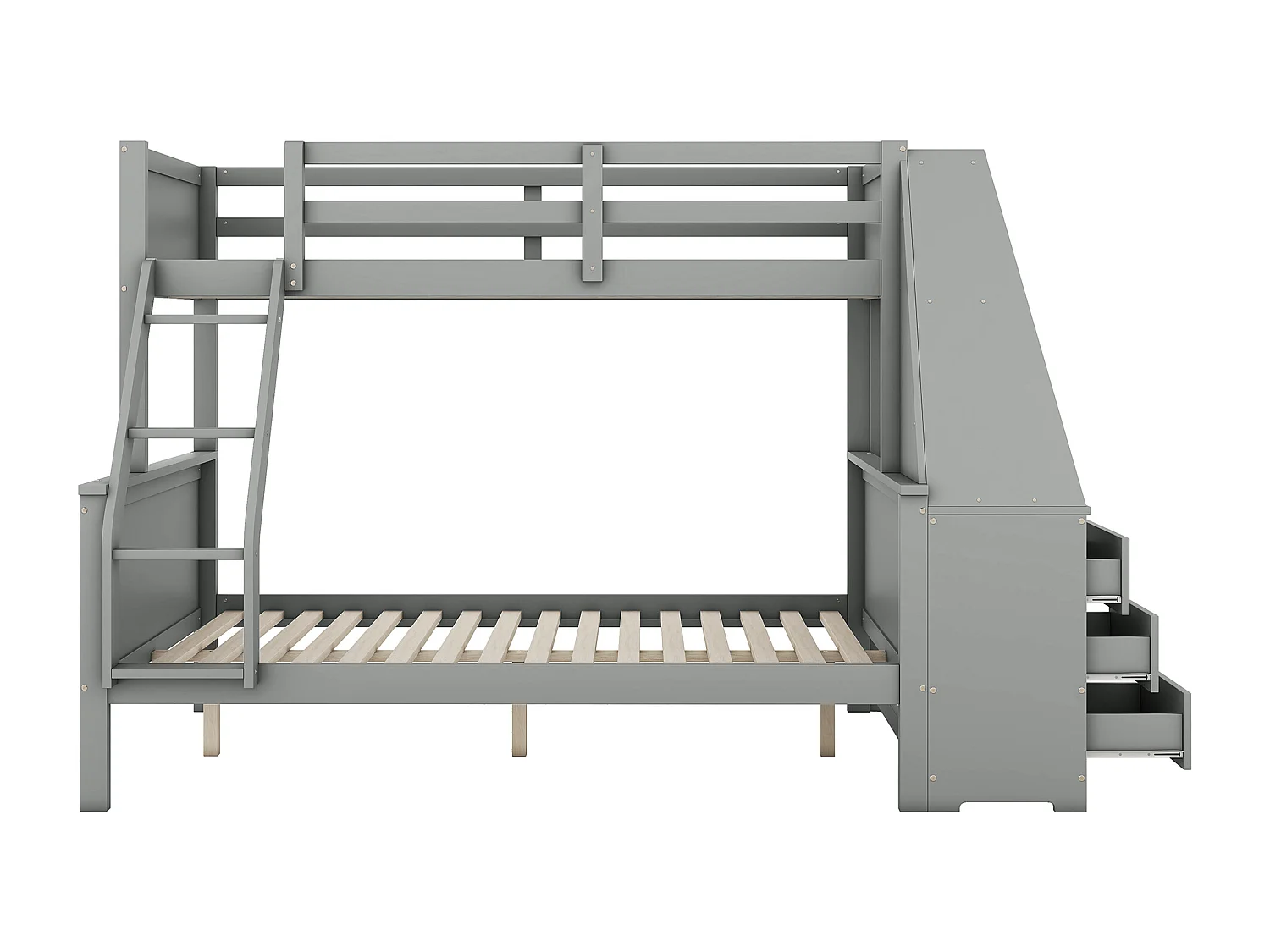 Stapelbed 90 x 200 cm en 140 x 200 cm - Kinderbed met tafel en 3 lades - Dennenhout en grijs MDF