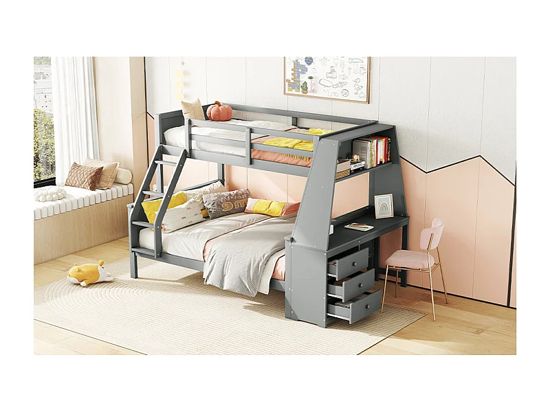 Stapelbed 90 x 200 cm en 140 x 200 cm - Kinderbed met tafel en 3 lades - Dennenhout en grijs MDF