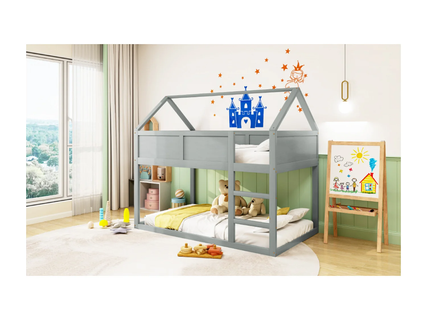 Lit superposé enfant 90 x 200 cm - Lit cabane avec escalier - Cadre en bois -Gris