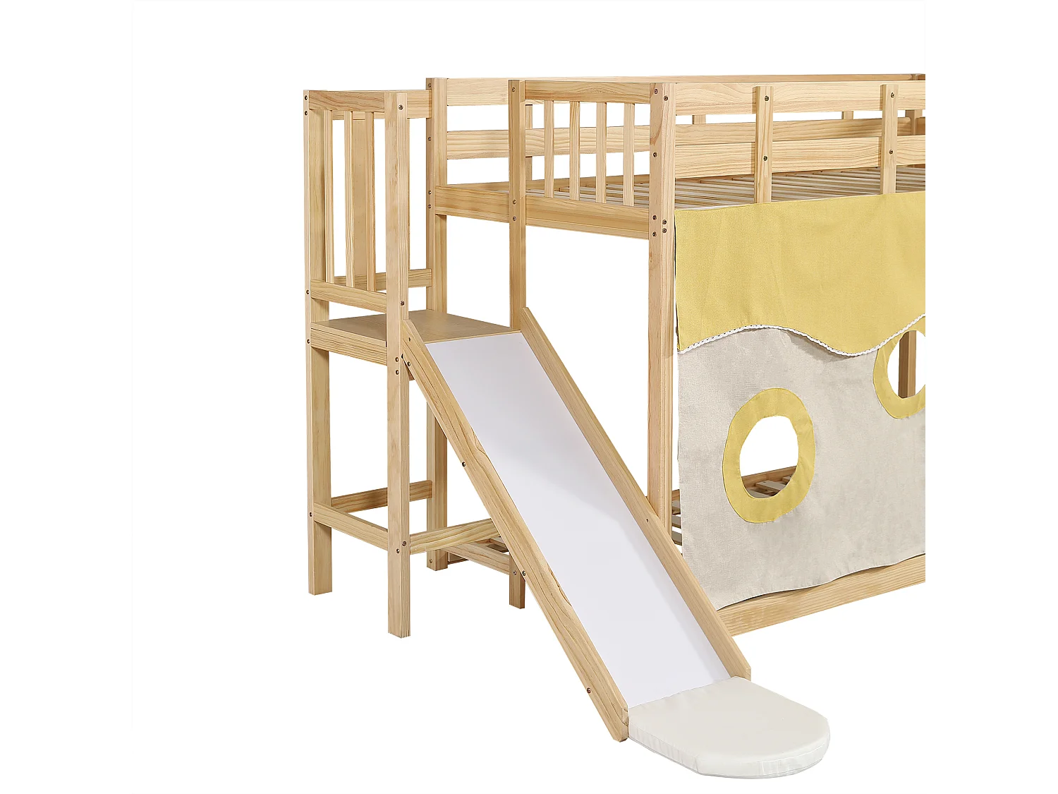 Lit superposé enfant 90x200cm avec escalier, rideaux et toboggan - Bois en pin et MDF - Couleur naturel