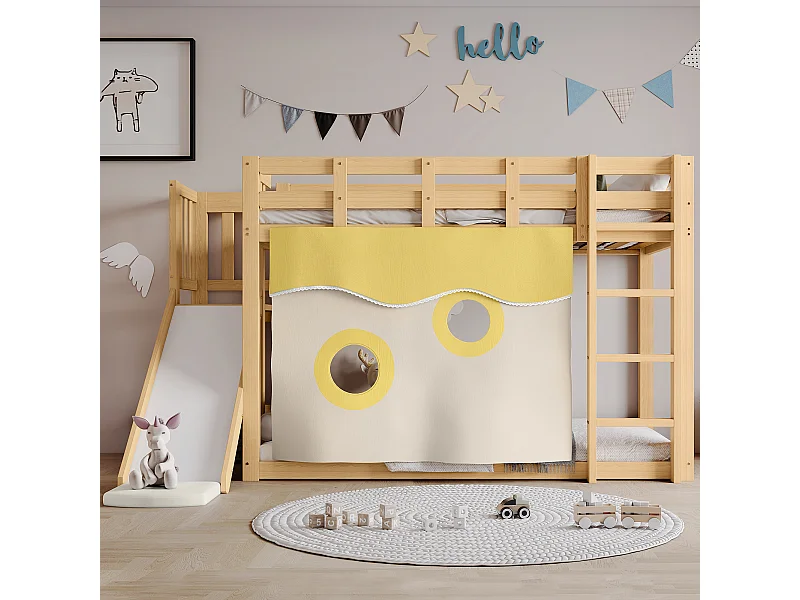 Lit superposé enfant 90x200cm avec escalier, rideaux et toboggan - Bois en pin et MDF - Couleur naturel