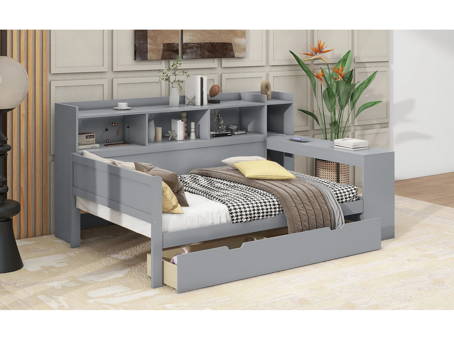 Lit banquette 90 x 200 cm avec prise , USB, 2 tiroirs et bureau - Sans matelas - Bois en PB gris