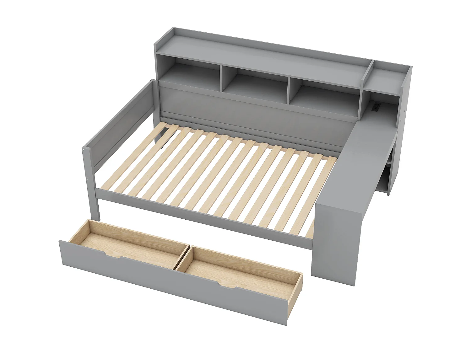 Lit banquette 90 x 200 cm avec prise , USB, 2 tiroirs et bureau - Sans matelas - Bois en PB gris
