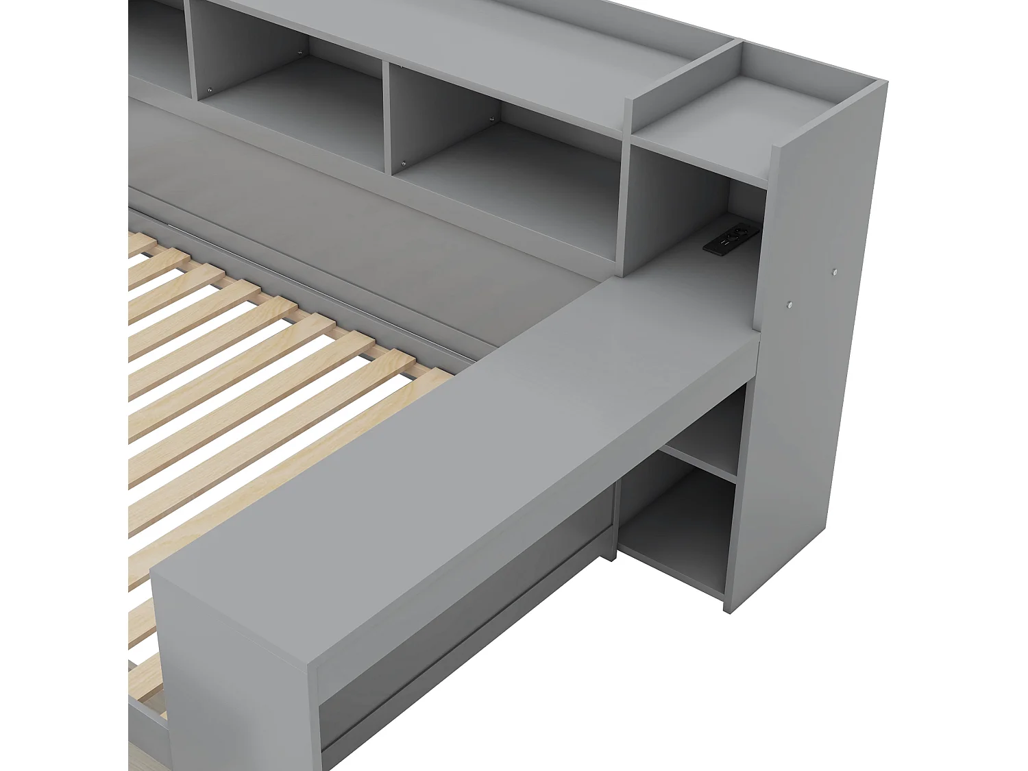 Lit banquette 90 x 200 cm avec prise , USB, 2 tiroirs et bureau - Sans matelas - Bois en PB gris