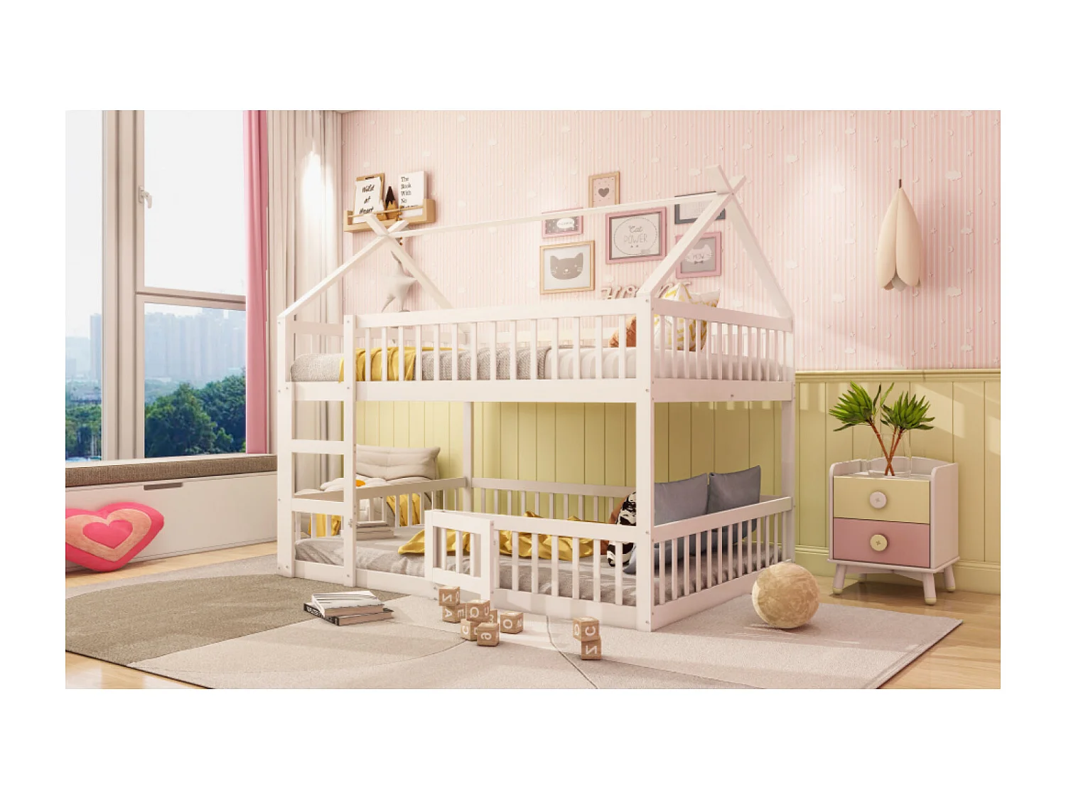 Lit superposé enfant 140x200 avec barrière de sécurité - Lit cabane en bois - Blanc (sans matelas)