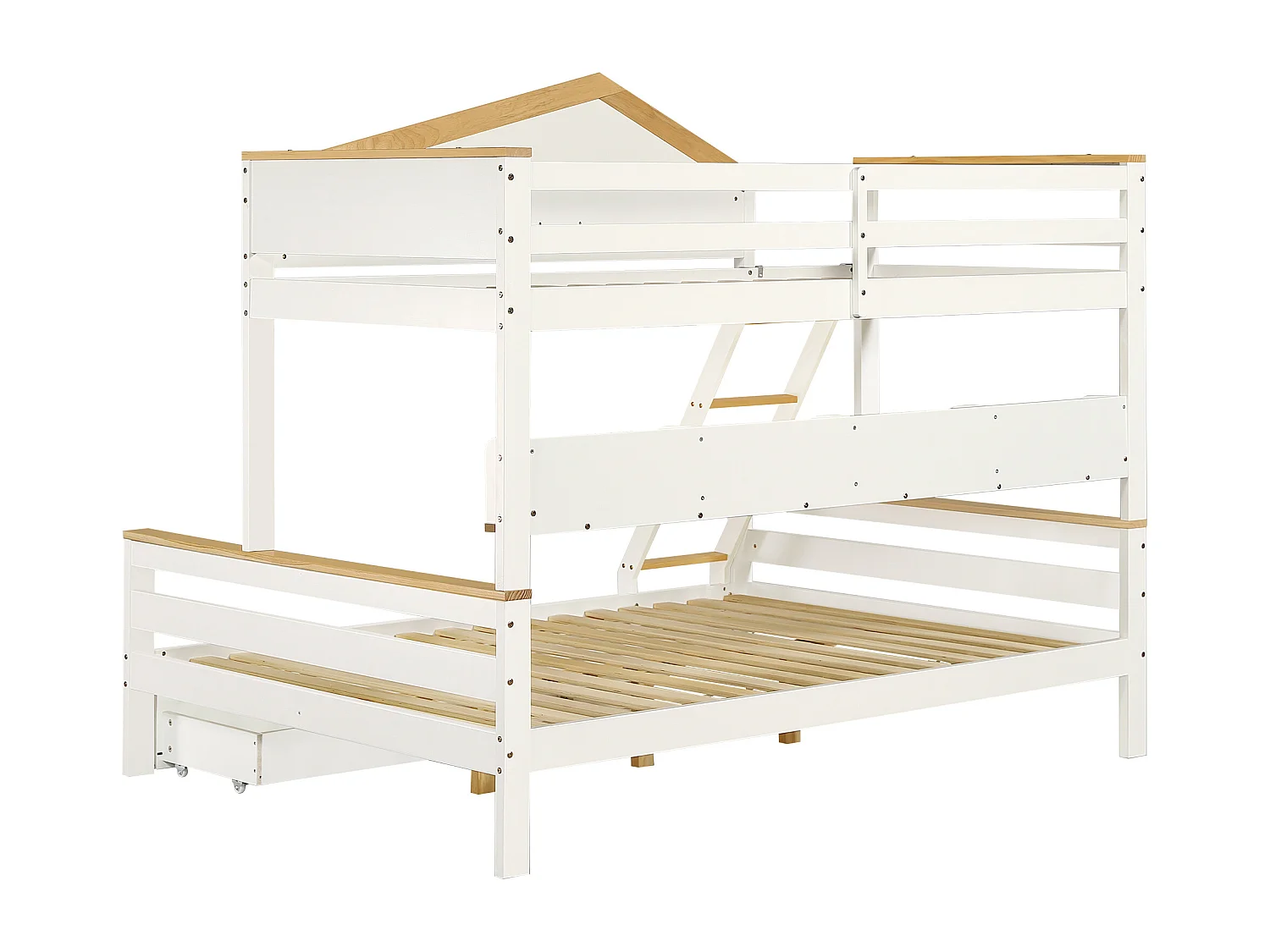 Lit superposé enfants 90x200 cm et 140x200 cm avec étagères et 2 tiroirs - Boie en pin et MDF- Blanc et naturel