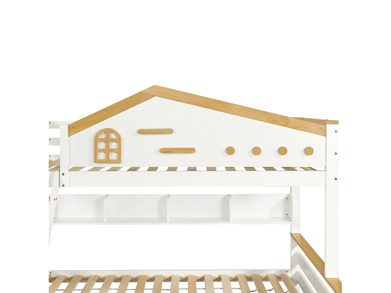 Lit superposé enfants 90x200 cm et 140x200 cm avec étagères et 2 tiroirs - Boie en pin et MDF- Blanc et naturel