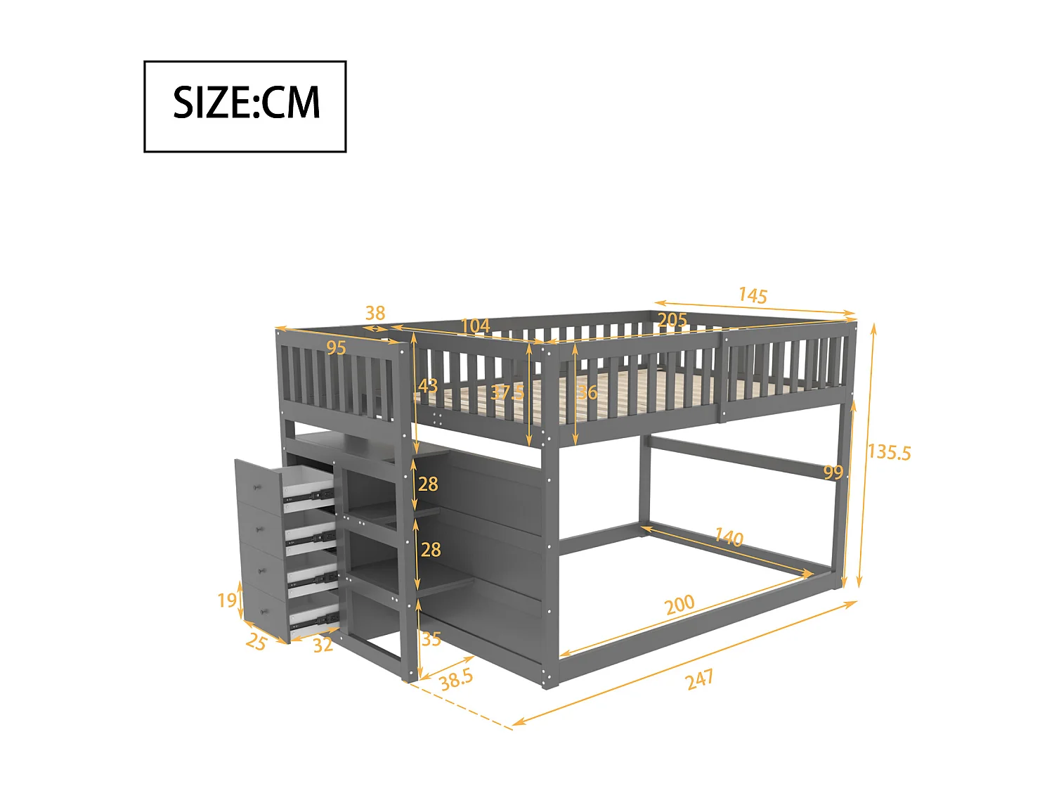 Lit superposé enfant 140 x 200 cm avec 4 tiroirs et barrière de sécurité haute - Cadre en bois- Gris