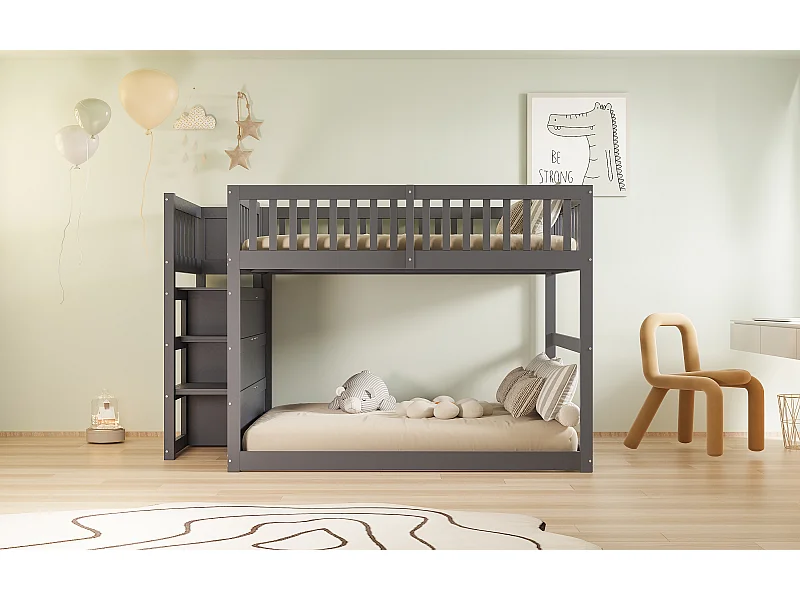 Lit superposé enfant 140 x 200 cm avec 4 tiroirs et barrière de sécurité haute - Cadre en bois- Gris