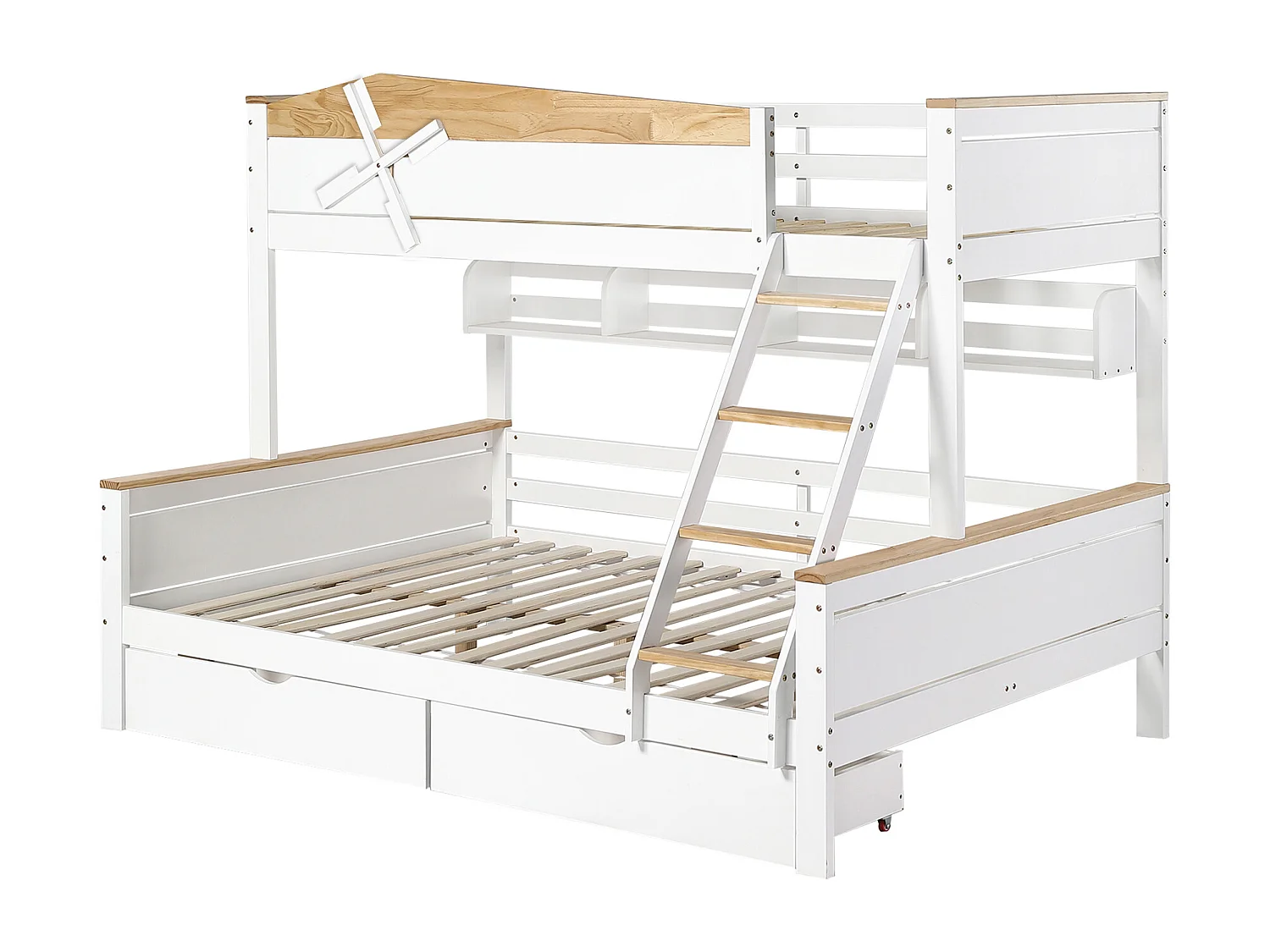 Lit superposé 90x200 cm et 140x200 cm avec étagères et 2 tiroirs - Couleur bois et blanc