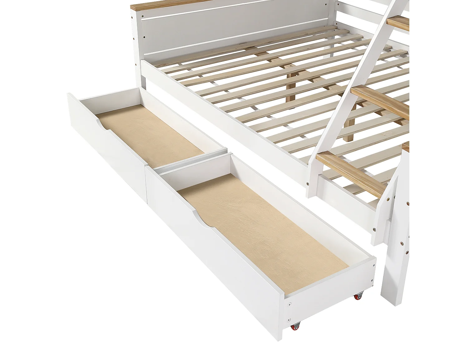 Lit superposé 90x200 cm et 140x200 cm avec étagères et 2 tiroirs - Couleur bois et blanc