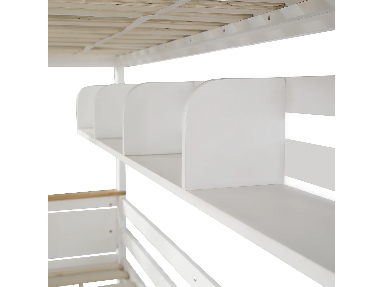 Lit superposé 90x200 cm et 140x200 cm avec étagères et 2 tiroirs - Couleur bois et blanc