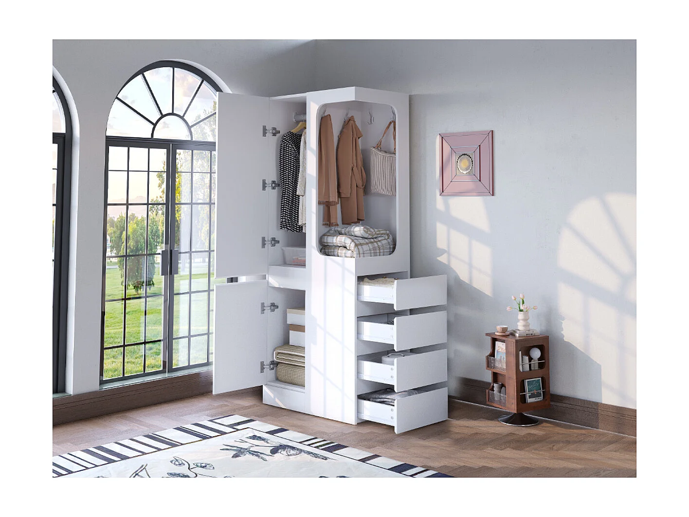 Armoire avec 4 tiroirs et 2 portes - Couleur blanc 70 x 40 x 170 cm