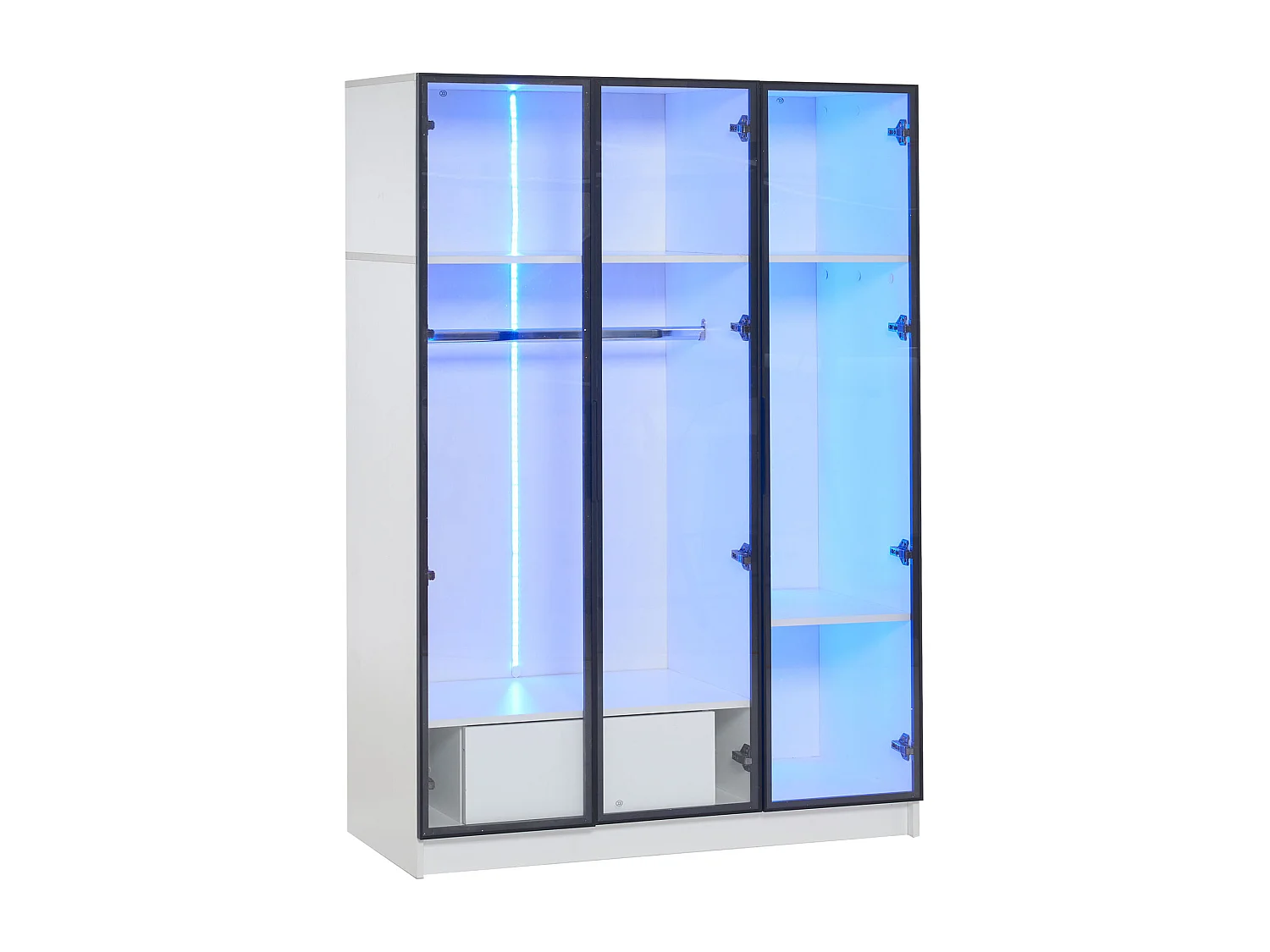 Kledingkast met LED-verlichting, 3 glazen deuren en 1 lade - Witte kledingkast
