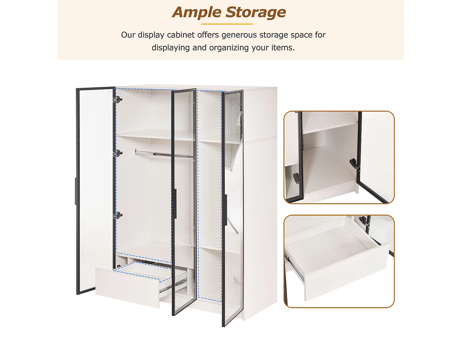 Kledingkast met LED-verlichting, 3 glazen deuren en 1 lade - Witte kledingkast