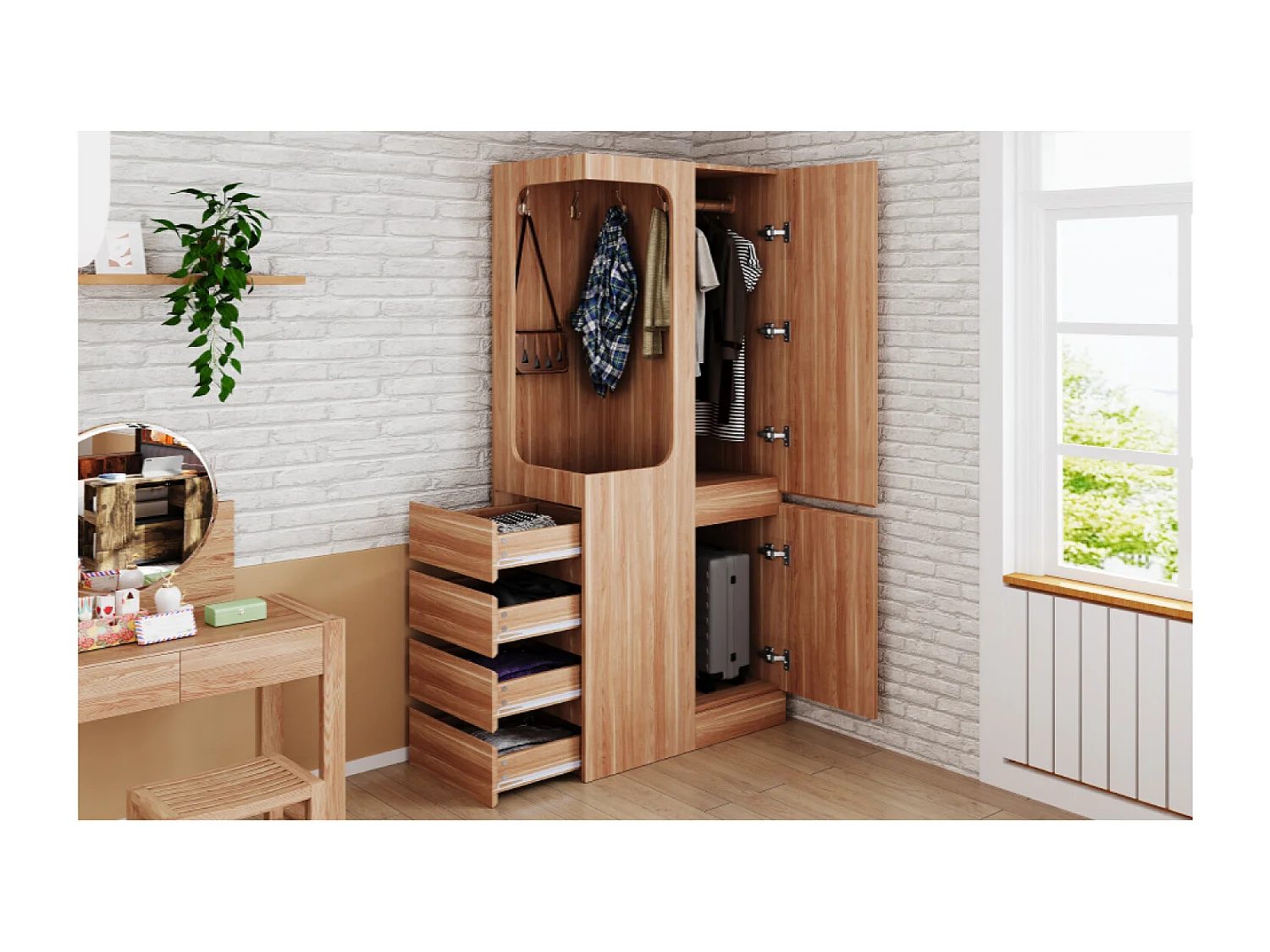 Armoire avec 4 tiroirs et 2 portes - Bois en pin et MDF - Couleur bois