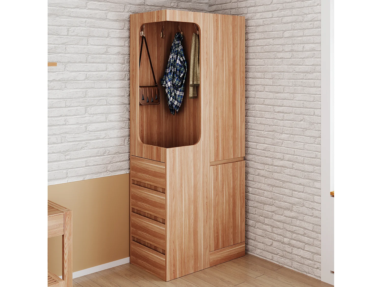 Armoire avec 4 tiroirs et 2 portes - Bois en pin et MDF - Couleur bois