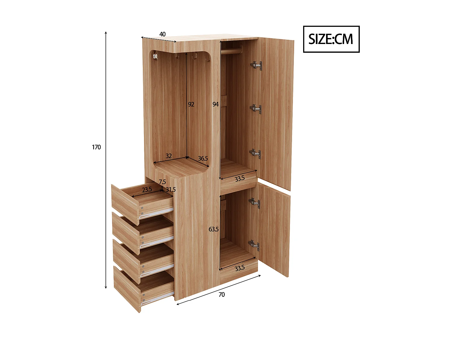 Armoire avec 4 tiroirs et 2 portes - Bois en pin et MDF - Couleur bois