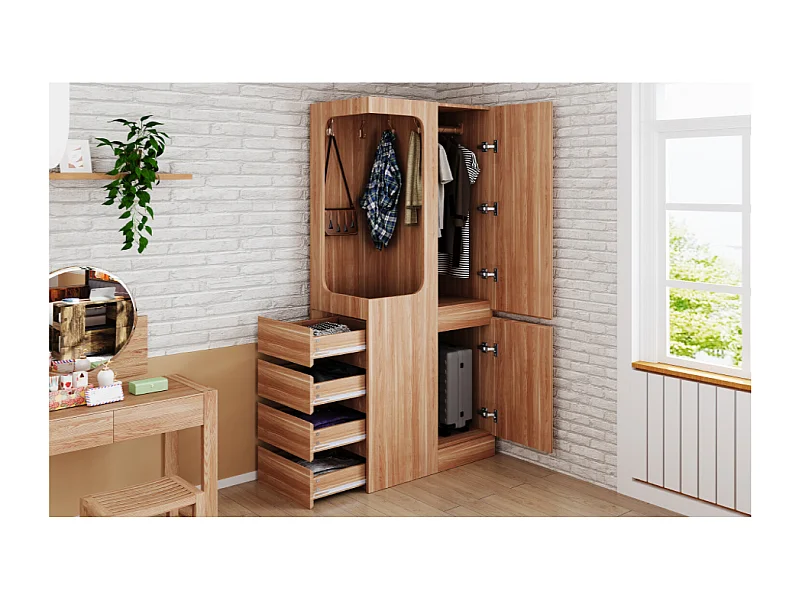 Armoire avec 4 tiroirs et 2 portes - Bois en pin et MDF - Couleur bois