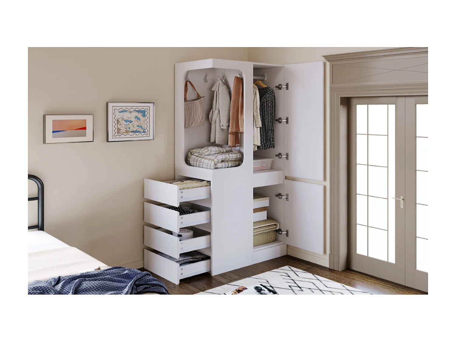 Armoire avec 4 tiroirs et 2 portes - Bois en pin et MDF - Blanc