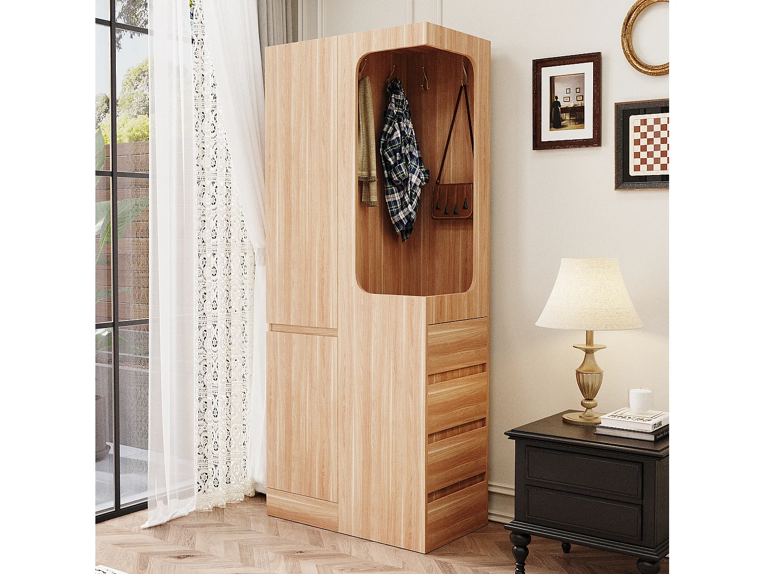 Armoire avec 4 tiroirs et 2 portes - Couleur bois 70 x 40 x 170 cm