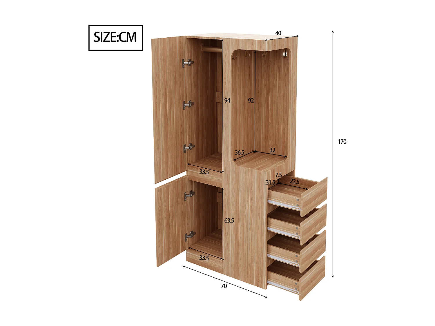 Armoire avec 4 tiroirs et 2 portes - Couleur bois 70 x 40 x 170 cm