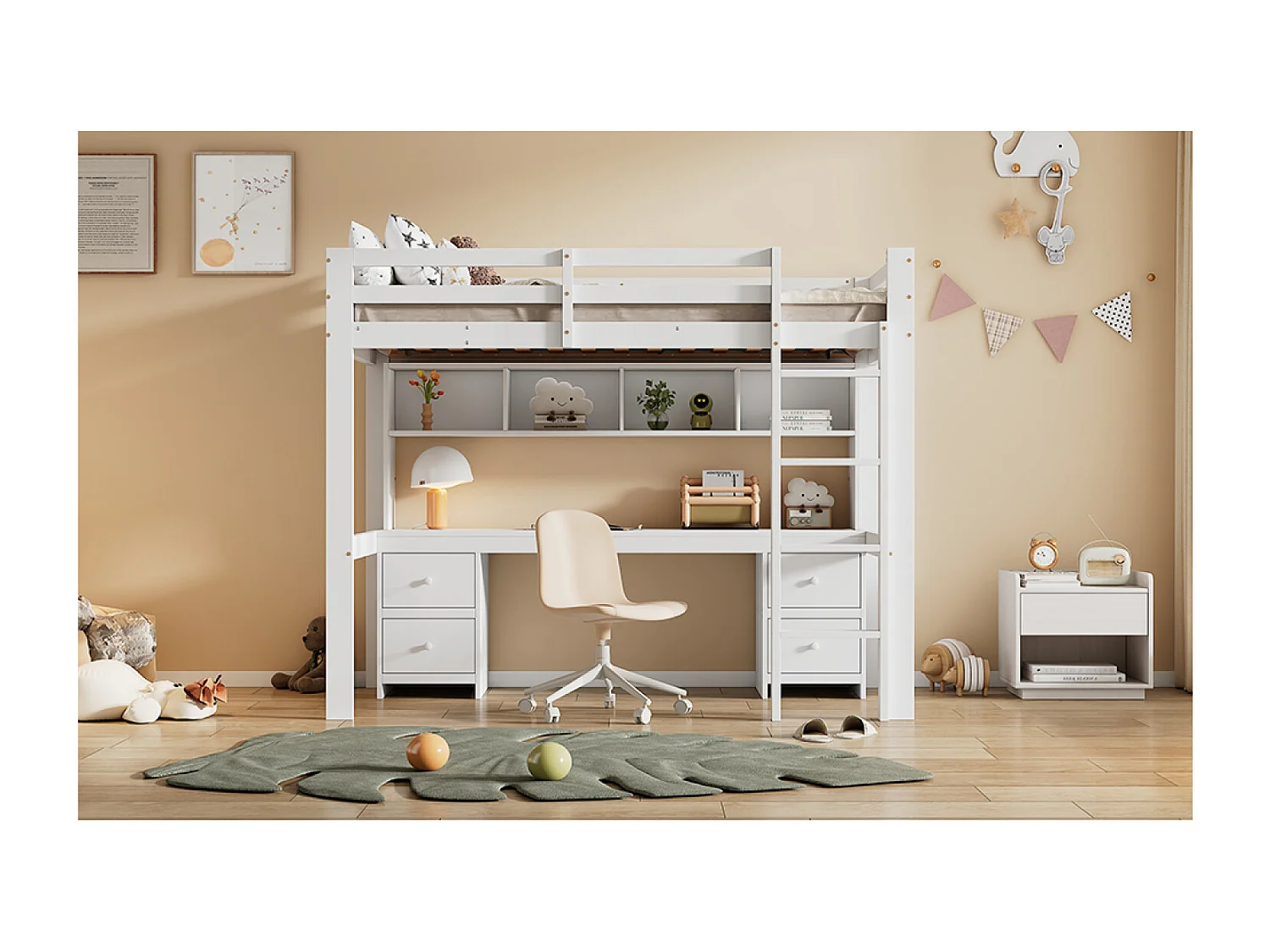 Letto a soppalco per bambini 90x200 cm con 4 cassetti e scrivania - Legno di pino e MDF - Bianco (materasso non incluso)