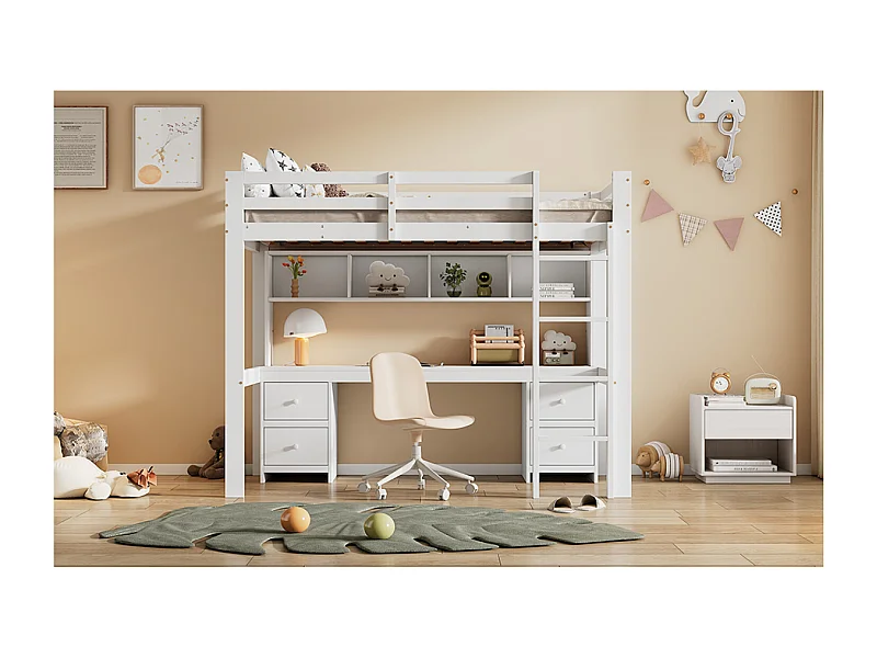 Letto a soppalco per bambini 90x200 cm con 4 cassetti e scrivania - Legno di pino e MDF - Bianco (materasso non incluso)