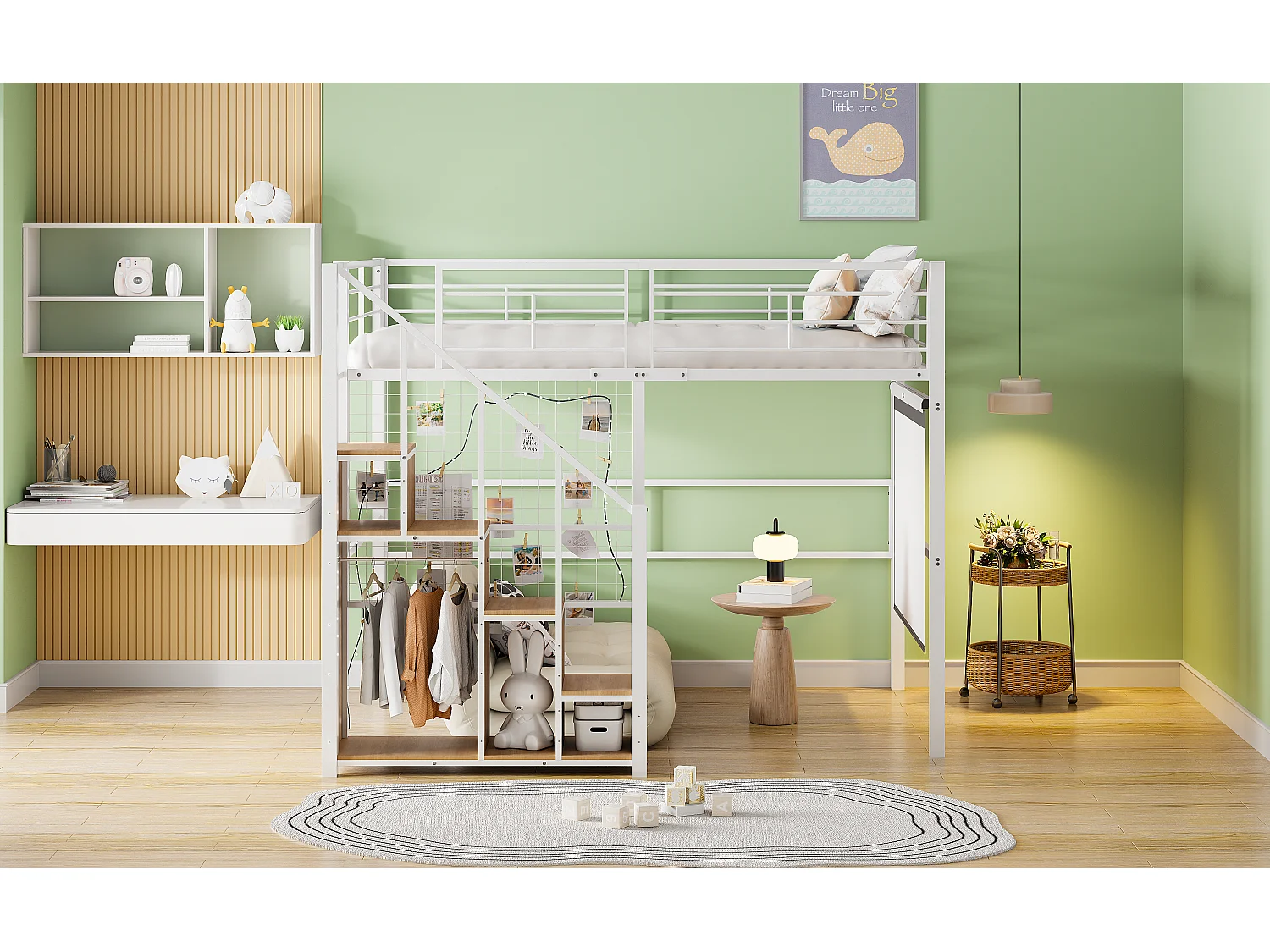 Lit mezzanine 140x200cm avec escalier de rangement et grille - Lit enfant en métail - Blanc