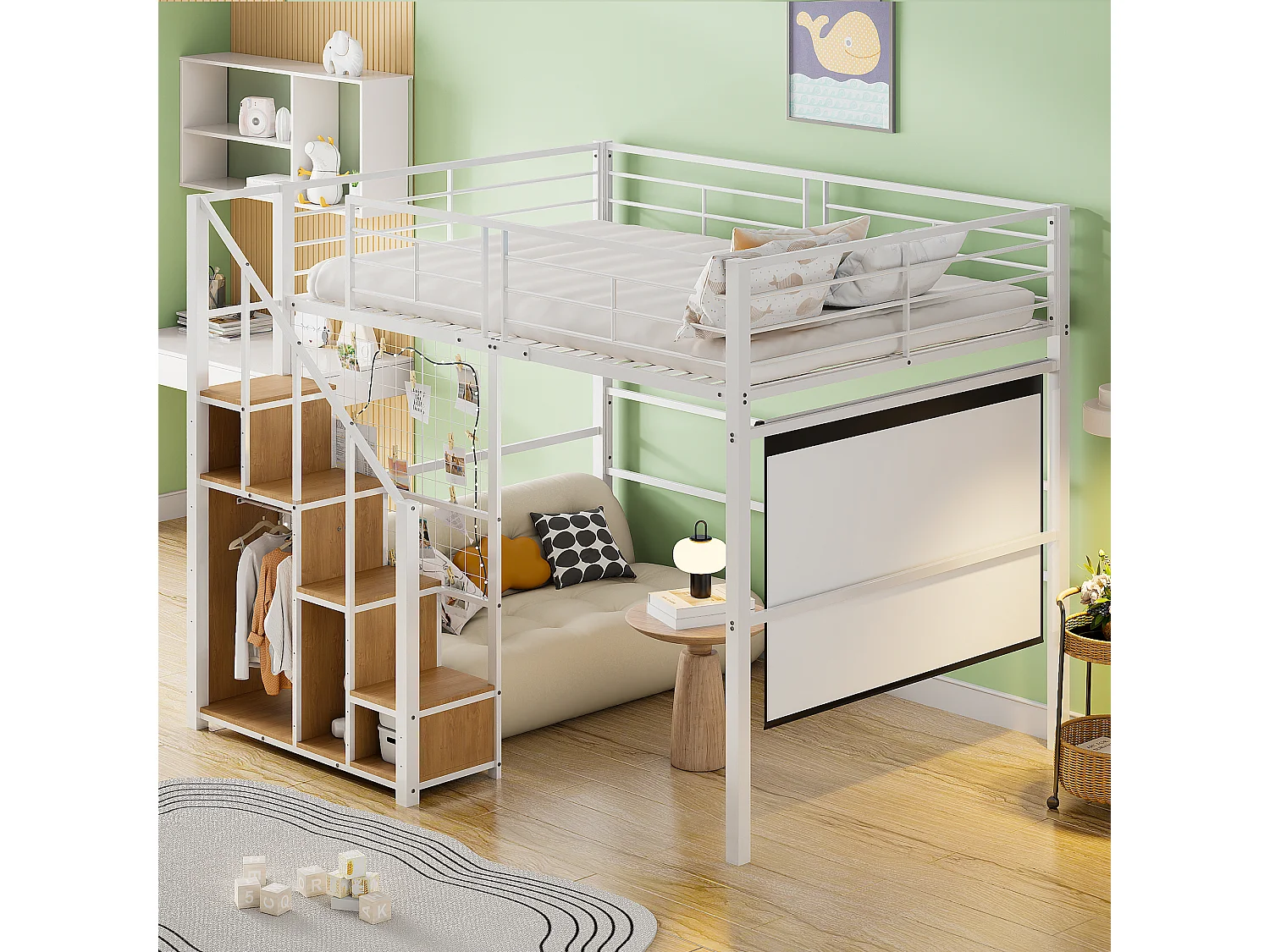 Lit mezzanine 140x200cm avec escalier de rangement et grille - Lit enfant en métail - Blanc