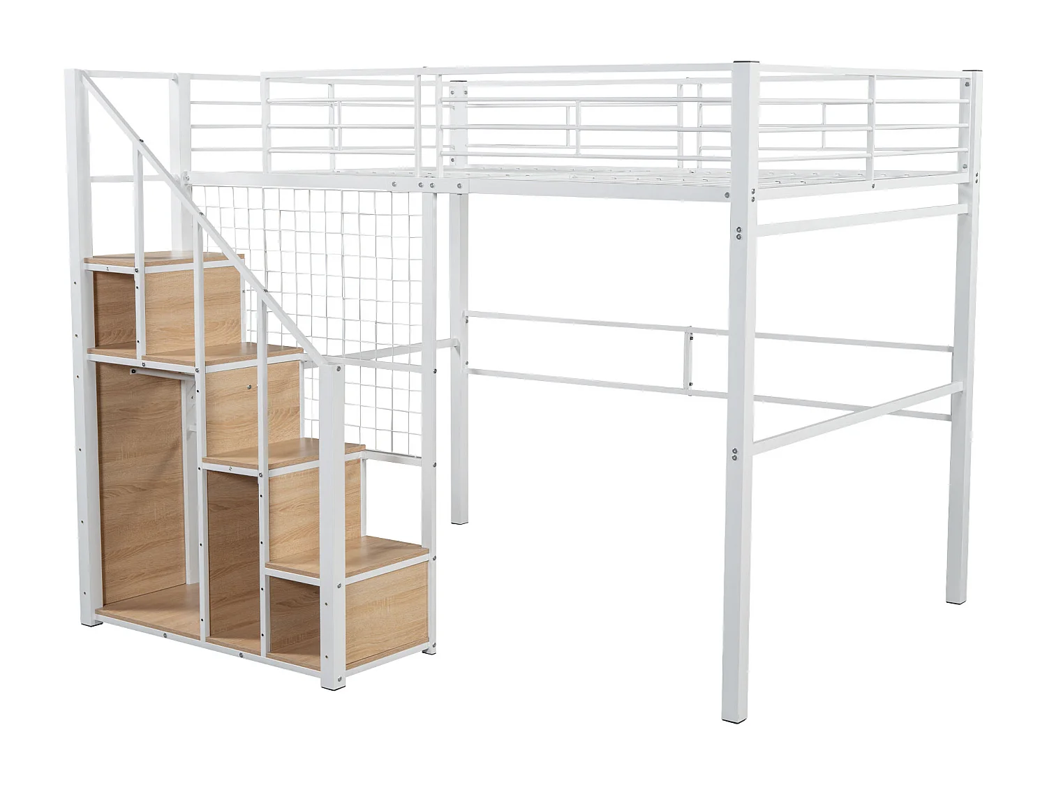 Lit mezzanine 140x200cm avec escalier de rangement et grille - Lit enfant en métail - Blanc