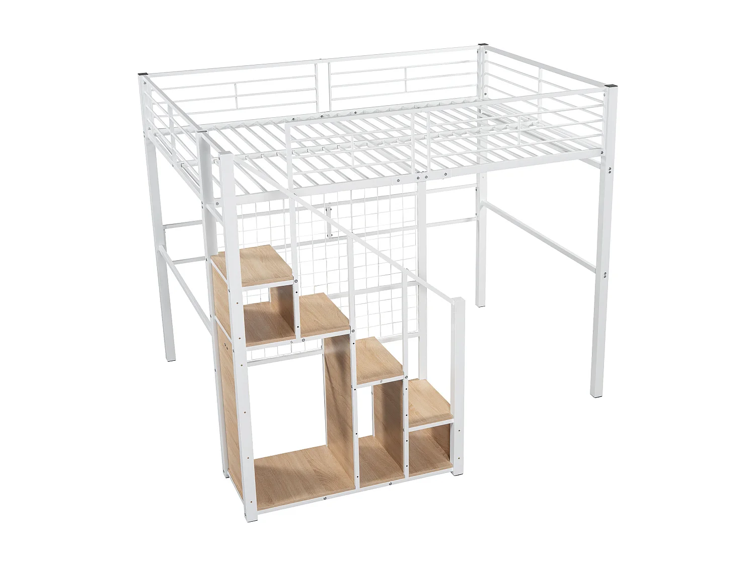 Lit mezzanine 140x200cm avec escalier de rangement et grille - Lit enfant en métail - Blanc